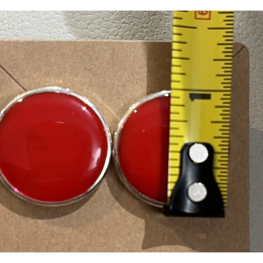 Vintage Red & Silver Tone Earrings Round 1 Inch Pierced 90s Retro Enamel